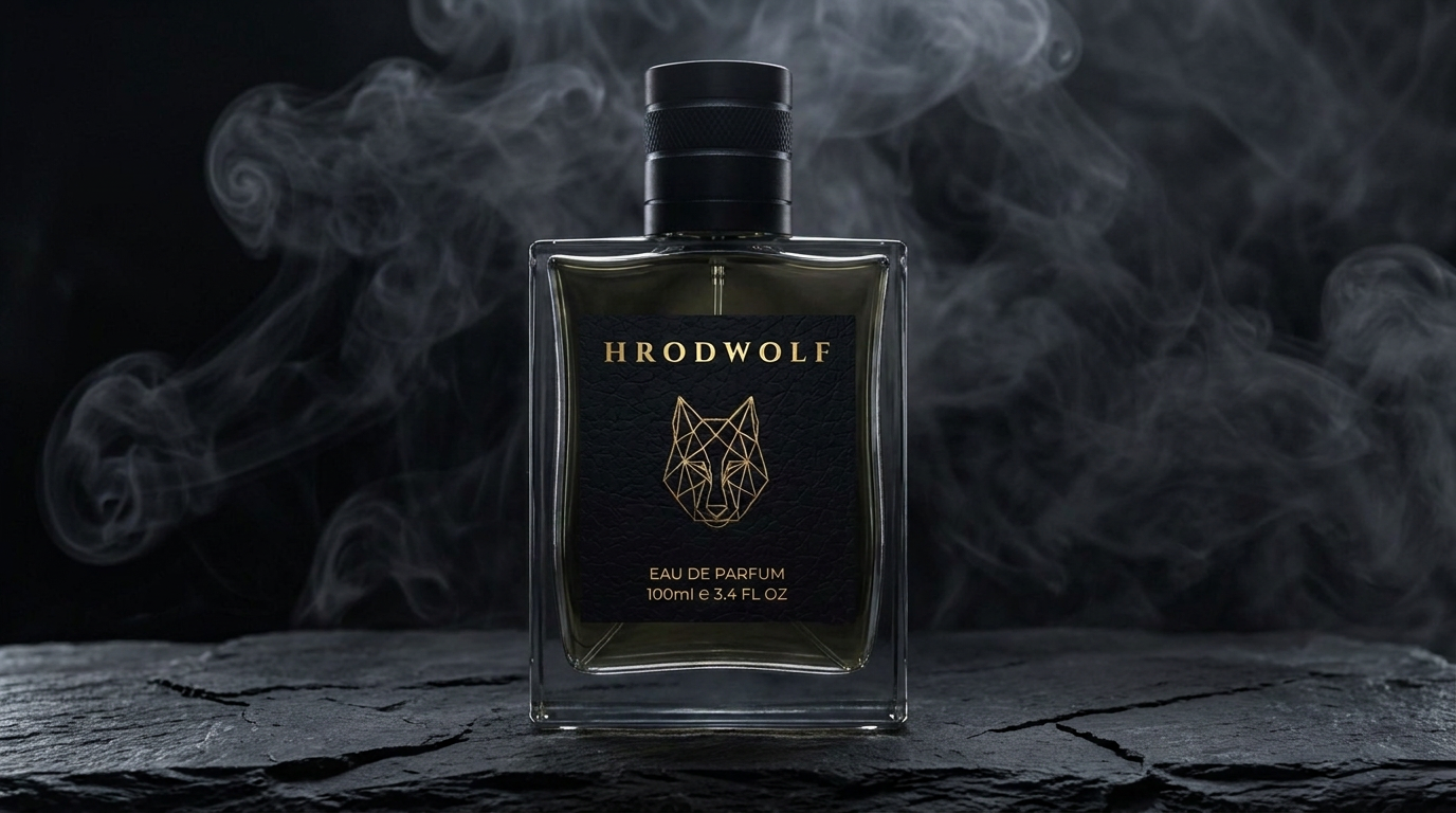 Frasco HRODWOLF com lobo dourado e névoa
